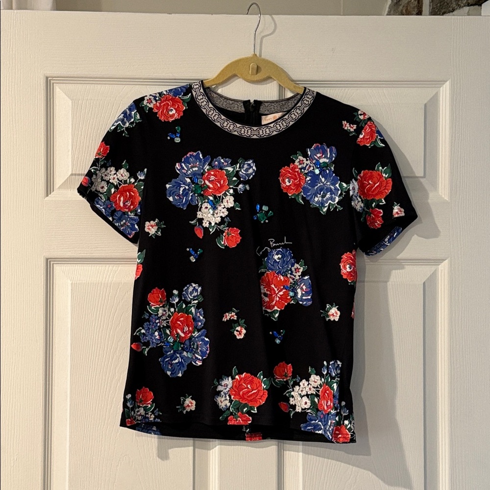 Tory Burch Black Top with Colorful Floral Accents